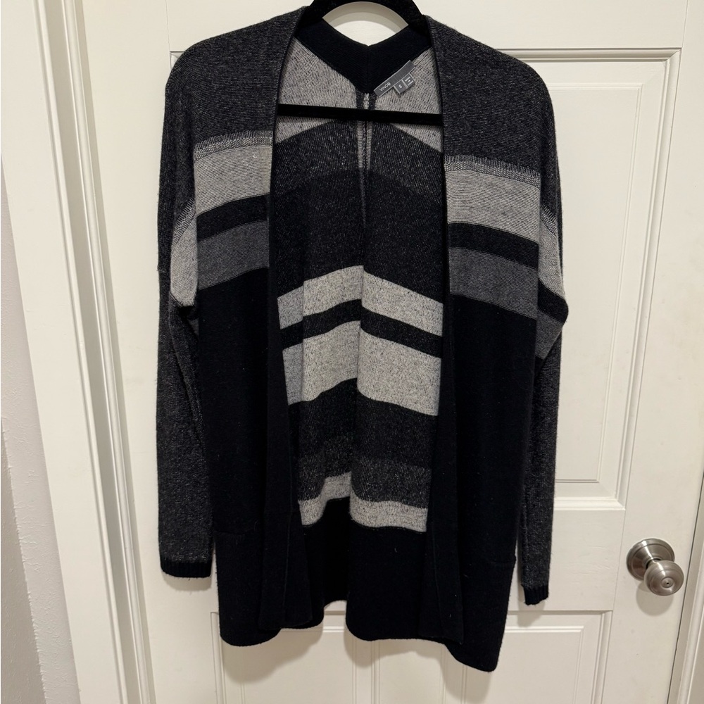 Vince Black and Gray Cardigan Sweater with Geometric Pattern